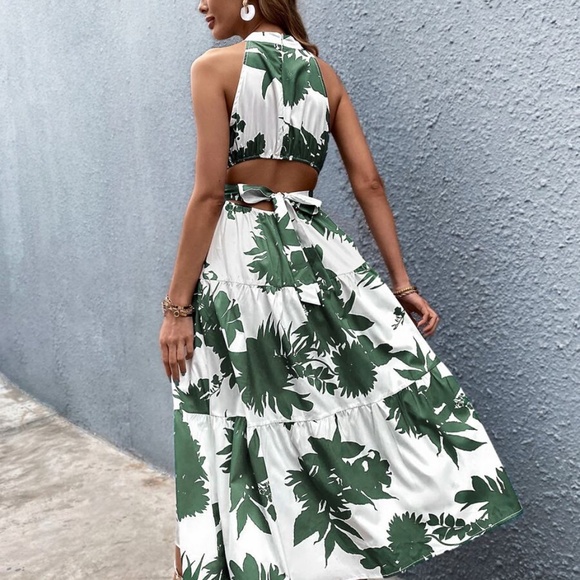 Boho Floral Print Cutout Halter Maxi Dress Green - Picture 5 of 6